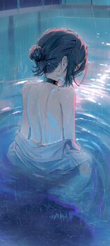 1girl absurdres bare_back bare_shoulders black_choker black_hair chainsaw_man choker from_behind highres kerno looking_at_viewer looking_back open_clothes open_shirt outdoors rain revision reze_(chainsaw_man) shirt solo water_drop white_shirt