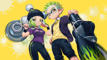 1boy 1girl beanie black_hat black_leggings black_shorts blazer blue_jacket closed_mouth clothes_writing collared_shirt commission cowboy_shot fingernails green_eyes green_hair hair_flip hand_on_own_hip hat highres holding holding_weapon inkling inkling_boy inkling_player_character jacket jinkoika leggings looking_at_viewer medium_hair nautilus_(splatoon) necktie nintendo octoling octoling_girl octoling_player_character open_clothes open_jacket parted_bangs parted_lips pointy_ears pom_pom_(clothes) pom_pom_beanie purple_shirt range_blaster_(splatoon) second-party_source sharp_fingernails shirt short_hair shorts smile spiked_hair splatoon_(series) suction_cups sweater_vest tentacle_hair thick_eyebrows weapon white_shirt wristband yellow_background yellow_eyes yellow_necktie yellow_sweater_vest