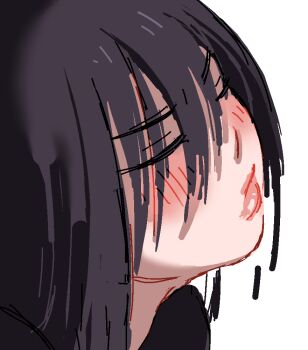 1girl 2024 aliasing black_hair blush close-up closed_eyes closed_mouth embarrassed frown hair_over_eyes hikikomori light_frown lips long_bangs medium_hair original popisya portrait puffy_lips solo thick_lips waiting waiting_for_kiss white_background