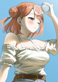 1girl absurdres bare_shoulders belt belt_buckle bottle braid braided_base breasts brown_belt buckle bun_with_braided_base cleavage commentary_request denim denim_skirt frilled_shirt frills green_eyes hair_bun highres holding holding_bottle large_breasts love_live! love_live!_nijigasaki_high_school_idol_club off-shoulder_shirt off_shoulder one_eye_closed open_clothes plastic_bottle red_hair shirt single_hair_bun skirt solo uehara_ayumu upper_body water_bottle white_shirt yuu_(shampoohatslime)