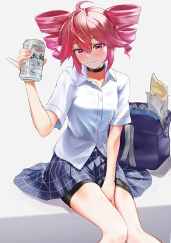 1girl ahoge bag bike_shorts bike_shorts_under_skirt black_choker black_shorts blue_bag can choker double-parted_bangs dress_shirt drill_hair hair_between_eyes highres holding holding_can hxk4_n kasane_teto looking_at_viewer plaid_clothes plaid_skirt red_eyes red_hair school_bag school_uniform shirt short_sleeves shorts shorts_under_skirt sitting skirt smile triple_ryuunen twin_drills utau white_shirt
