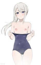 Rule 34 | 1girl, absurdres, blue eyes, blue one-piece swimsuit, blush, closed mouth, clothes pull, collarbone, coro fae, covered navel, cowboy shot, expressionless, flat chest, floating hair, grey hair, hair between eyes, highres, kaguya-sama wa kokurasetai ~tensai-tachi no renai zunousen~, long hair, looking at viewer, nipples, old school swimsuit, one-piece swimsuit, one-piece swimsuit pull, paid reward available, ponytail, puffy nipples, school swimsuit, shirogane kei, simple background, solo, split mouth, standing, steam, swimsuit, twitter username, wet, wet clothes, wet swimsuit, white background