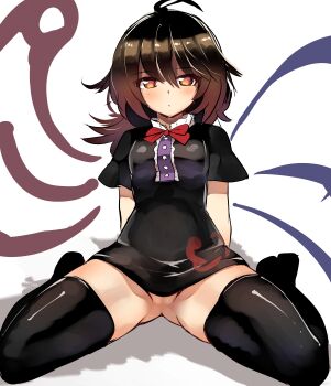 1girl absurdres ahoge alternate_eye_color asymmetrical_wings black_dress black_thighhighs blue_wings blush bow bowtie breasts brown_eyes brown_hair buttons center_frills closed_mouth commentary_request dress expressionless frills full_body highres houjuu_nue kushidama_minaka looking_at_viewer medium_hair no_panties partially_visible_vulva red_bow red_bowtie red_wings short_dress short_sleeves sitting small_breasts solo thighhighs tomoe_(symbol) touhou wariza wings