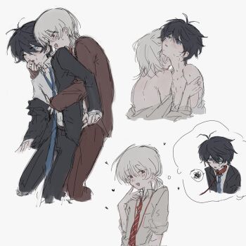 2boys akinashi_haru animal_collar back bare_pectorals black_hair black_pants black_suit blue_necktie brown_cardigan brown_pants cardigan clothes_down collar collared_shirt commentary_request cowboy_shot dress_shirt embarrassed face-to-face formal_clothes front-to-back grabbing_another's_chin groping guzi15613491 hand_on_another's_arm hand_on_another's_chin heart highres hug hug_from_behind humiliation imagining imminent_bite leash male_focus molestation multiple_boys multiple_views necktie off_shoulder pants pectorals red_necktie saihate_eki salaryman shirt short_hair speech_bubble spoken_squiggle squiggle suit sweat tatsunami_shion tearing_up thought_bubble upper_body white_hair yaoi