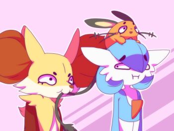 alternate_color blue_hair blue_skin bob_cut brown_fur colored_skin dedenne delphox furry gardevoir gen_3_pokemon gen_6_pokemon loyaldis multicolored_fur multicolored_skin nintendo on_head orange_fur pink_background pokemon pokemon_(creature) pokemon_on_head shiny_pokemon two-tone_skin white_fur white_skin yellow_fur