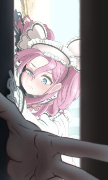 1girl 1other absurdres blue_eyes blush cheek_press closed_mouth day drill_hair foreshortening frills frown hair_between_eyes hairband highres lolita_fashion lolita_hairband lying on_ground outdoors palms pink_hair reaching reaching_towards_viewer shikoku_metan sideways tororo_mochimochi twin_drills uneven_eyes voicevox