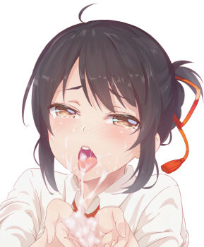 10s 1girl aimee_(emi) aimee_(origin) bad_id bad_pixiv_id black_hair blush brown_eyes cum cum_in_mouth cum_on_body cum_on_hands cupping_hands facial female_focus highres kefir kimi_no_na_wa. kuchikamizake looking_at_viewer miyamizu_mitsuha nose_blush open_mouth own_hands_together short_hair simple_background solo string string_of_fate suggestive_fluid tears tongue tongue_out white_background