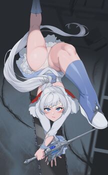 1girl ass backflip blue_eyes closed_mouth full_body highres holding holding_sword holding_weapon long_hair looking_at_viewer panties rwby scar scar_across_eye scar_on_face skirt solo sword thighs underwear very_long_hair wangxiii weapon weiss_schnee white_hair white_panties