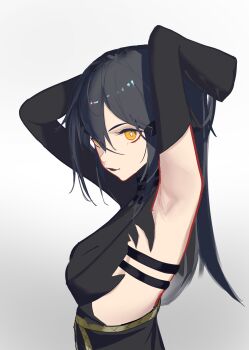 Rule 34 | 1girl, absurdres, arm out of frame, armpits, arms behind head, black dress, black gloves, black hair, black lips, breasts, closed mouth, commentary, dandelion (girls' frontline), dress, elbow gloves, english commentary, girls' frontline, gloves, hair between eyes, hair ornament, hairclip, highres, lips, long hair, looking at viewer, presenting armpit, sidelocks, simple background, single glove, solo, takaprince, upper body, yellow eyes