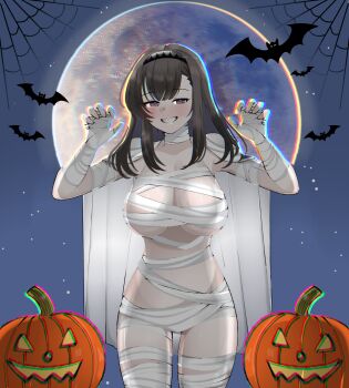1girl :d absurdres animal arknights bandaged_arm bandaged_hand bandaged_leg bandages bat_(animal) black_hairband breasts brown_hair cape chromatic_aberration claw_pose cleavage commentary cowboy_shot dr.deims_(dim5s) english_commentary full_moon grin hairband halloween hands_up highres jack-o&#039;-lantern large_breasts light_blush looking_at_viewer medium_hair moon open_mouth priestess_(arknights) purple_eyes silk smile solo spider_web standing white_cape
