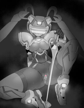 1girl android anus blush breasts censored fei-yen greyscale heart heart_censor heart-shaped_hair holding holding_sword holding_weapon looking_at_viewer medium_breasts monochrome nude pochincoff pussy robot sitting solo spread_legs sweat sword twintails virtual_on weapon
