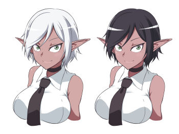 1girl bikini black_hair breasts choker collared_shirt commentary dark-skinned_female dark_elf dark_skin elf green_eyes highres large_breasts long_pointy_ears natsumi_chorisuke necktie original pointy_ears shirt simple_background solo swimsuit white_background white_hair white_shirt