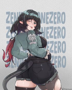 1girl 2025 absurdres alternate_breast_size_(larger) animal_ears artist_name ass ass_focus black_hair black_shorts breasts brown_pantyhose brown_thighhighs character_name coat commentary contrapposto cowboy_shot ear_piercing english_commentary fingernails gradient_hair grey_coat hand_on_own_hip highres huge_ass jane_doe_(zenless_zone_zero) lace_trim large_breasts lips long_hair looking_at_viewer looking_back mouse_ears mouse_girl mouse_tail multicolored_hair nail_polish one_eye_closed pantyhose piercing prehensile_tail red_hair red_nails shorts simple_background single_leg_pantyhose single_thighhigh skindentation sleeveless solo srlmao standing tail thighhighs tongue tongue_out torn_clothes torn_pantyhose torn_thighhighs two-tone_hair variant_set white_background wink zenless_zone_zero