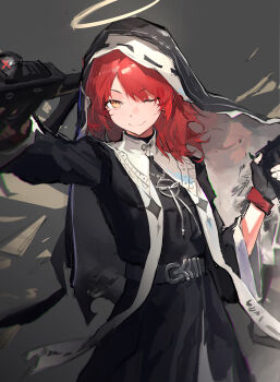 1girl absurdres arknights black_gloves closed_mouth commentary cowboy_shot detached_wings efjun energy_wings exusiai_(arknights) exusiai_(nun)_(arknights) fingerless_gloves gloves gun halo highres holding holding_gun holding_weapon long_sleeves looking_at_viewer nun official_alternate_costume one_eye_closed red_hair smile solo submachine_gun traditional_halo weapon wings yellow_eyes yellow_halo