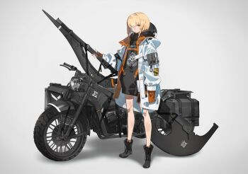 Rule 34 | 1girl, axe, bare legs, belt buckle, black boots, black dress, blonde hair, boots, buckle, commentary, dress, eyepatch, female focus, full body, grey background, heavily armed high school girls, highres, holding, holding axe, holding weapon, hood, hood down, jacket, long sleeves, medical eyepatch, motor vehicle, motorcycle, neco, open clothes, open jacket, orange eyes, original, san (heavily armed high school girls), san (neco), short hair, sidelocks, simple background, sleeves past fingers, sleeves past wrists, solo, standing, weapon, white jacket