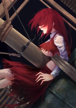 1girl bdsm bell bell_ringing bondage bound breasts church_bell collared_shirt commentary_request coughing crying feet_out_of_frame from_side hair_over_eyes highres large_breasts log long_hair long_sleeves night okazaki_yumemi open_mouth red_hair red_skirt red_vest rope ryona ryona_no_kane shirt skirt solo sweat teruteru12 torn_clothes torn_skirt torn_vest touhou touhou_(pc-98) very_sweaty vest white_shirt