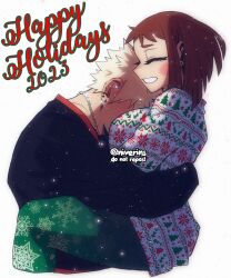 1boy 1girl bakugou_katsuki between_breasts blonde_hair breasts brown_hair christmas_sweater closed_eyes dimples ear_piercing earrings hetero hug jewelry large_breasts medium_hair necklace niverins piercing spiked_hair uraraka_ochako
