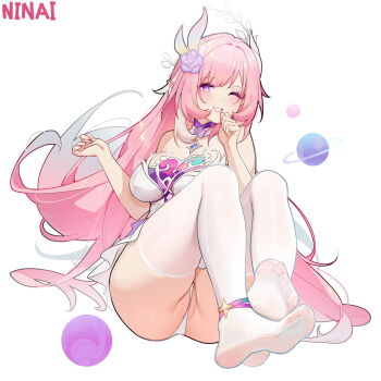 1girl blush cyrene_(honkai:_star_rail) feet frontal_wedgie highres honkai:_star_rail honkai_(series) long_hair looking_at_viewer ninai one_eye_closed parted_lips pink_hair pointy_ears purple_eyes see-through_clothes see-through_legwear soles thighhighs toes wedgie white_thighhighs