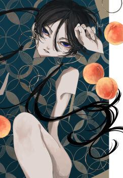 black_hair blue_eyes commentary earrings food fruit highres hoop_earrings jewelry original parted_lips peach shimizu_en_(shimizuen3310) signature solo