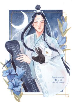 1boy alt_text animal artist_name black_eyes black_hair black_rabbit_(animal) blue_background blue_flower blue_sky blue_theme chinese_clothes closed_mouth commentary crescent_moon english_commentary expressionless flower gold_border guqin hair_bun hanfu hawberries headband holding holding_animal holding_instrument holding_rabbit instrument lan_wangji long_hair long_sidelocks male_focus modao_zushi moon night night_sky outside_border painting_(medium) parted_bangs rabbit sidelocks single_hair_bun sky solo star_(sky) starry_sky topknot traditional_media upper_body very_long_hair wangji_guqin watercolor_(medium) watermark white_hanfu white_headband white_rabbit_(animal) wide_sleeves xiao_guan_(headdress) yellow_eyes