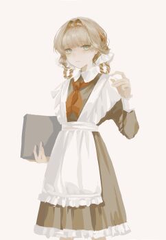 1girl absurdres alternate_costume alternate_hairstyle apron blonde_hair blue_eyes book braid braided_bangs braided_hair_rings brown_dress closed_mouth collared_dress cowboy_shot dress hair_rings hand_up highres holding holding_book kiperina looking_at_viewer neckerchief red_neckerchief reverse:1999 school_uniform solo soviet_school_uniform white_apron white_background xy_mt2528
