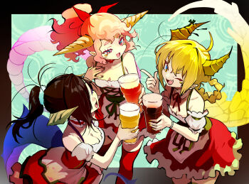 3girls alcohol armband beer black_hair blonde_hair braid braided_hair_rings breasts choker cleavage clip_studio_paint_(medium) commentary cup dress eudetenis fang glass green_background grey_armband hair_rings hand_on_own_chest hands_up highres holding holding_cup horns index_finger_raised large_breasts looking_at_another medium_hair multicolored_dress multicolored_eyes multiple_girls neck_ribbon one_eye_closed open_mouth original pink_hair ponytail red_choker red_thighhighs ribbon short_dress skin_fang sleeveless sleeveless_dress small_breasts smile standing tail thighhighs two-tone_eyes