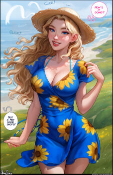1girl absurdres aroma_sensei artist_name beach bikini bikini_under_clothes black_border blonde_hair blue_dress blue_eyes border breasts cleavage collarbone covered_navel cowboy_shot curvy dress english_text floating_hair floral_print freckles grass grin haley_(stardew_valley) hat highres large_breasts long_hair looking_at_viewer mole mole_on_breast nose open_mouth outdoors parted_hair patreon_username short_dress sky smile solo sound_effects speech_bubble stardew_valley straw_hat swimsuit v-neck wide_hips wind wind_lift