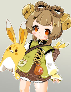 1girl absurdres basket bell bloomers blush bow-shaped_hair braid brown_hair closed_mouth commentary_request genshin_impact grey_background hair_bell hair_ornament highres holding holding_stuffed_toy jingle_bell lemon_pan long_sleeves paid_reward_available puffy_long_sleeves puffy_sleeves red_eyes short_hair sleeves_past_wrists smile solo stuffed_toy underwear white_bloomers yaoyao_(genshin_impact)