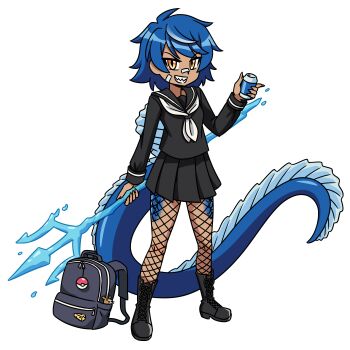 Rule 34 | 1girl, absurdres, backpack, bag, blue hair, boots, can, cheese, commission, commissioner upload, dark-skinned female, dark skin, dinosaur girl, dinosaur tail, drink can, fingernails, fishnet pantyhose, fishnets, food, highres, leather, leather boots, mouse, multicolored hair, orange eyes, original, otchakun (artist), pantyhose, poke ball, polearm, robin injigo, sailor collar, scales, school uniform, sharp fingernails, sharp teeth, shirt, short hair, skirt, soda can, solo, spinosaurus, tail, teeth, trident, two-tone hair, water, weapon, white hair