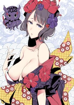 1girl alternate_breast_size bare_shoulders blue_eyes blue_kimono blunt_bangs blush breasts cleavage fate/grand_order fate_(series) female_focus fingernails grey_hair hair_ornament hand_up head_tilt highres japanese_clothes katsushika_hokusai_(fate) katsushika_hokusai_(second_ascension)_(fate) kimono large_breasts looking_at_viewer nakamura_regura off_shoulder parted_lips solo squid upper_body
