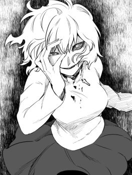 1girl ahoge arcueid_brunestud blood blood_on_clothes breasts crazy crazy_eyes crazy_smile evil_grin evil_smile floating_hair grin hand_on_own_face jewelry looking_at_viewer metarogu monochrome necklace short_hair skirt smile spiked_hair sweater tsukihime tsukihime_(remake) turtleneck turtleneck_sweater vampire