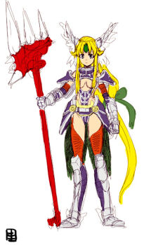 Rule 34 | 1girl, armor, armored leotard, bad id, blonde hair, bokkori, bow, breasts, center opening, closed mouth, commentary request, faulds, forehead jewel, full body, gem, green bow, green gem, hair bow, highleg, highleg leotard, holding, holding weapon, legs apart, leotard, long hair, low-tied long hair, medium breasts, purple armor, purple eyes, red thighhighs, riesz, seiken densetsu, seiken densetsu 3, solo, standing, thighhighs, weapon