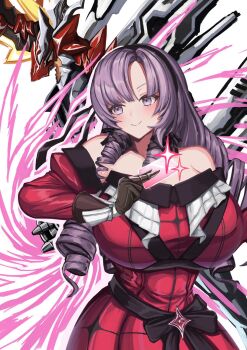 1girl bare_shoulders breasts card character_request copyright_request cowboy_shot dress drill_hair highres holding holding_card huge_breasts hyakumantenbara_salome justice_haruka long_hair nijisanji purple_eyes purple_hair red_dress solo_focus virtual_youtuber