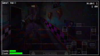 1girl animal_ears animatronic ass bonnie_(fnaf) boots breasts camera ceiling_light clock colored_skin commentary elbow_gloves english_commentary english_text five_nights_at_freddy's five_nights_in_anime:_after_hours_(fangame) five_nights_in_anime_(fangame) food from_behind full_body furry furry_female game_screenshot gameplay_mechanics genderswap genderswap_(mtf) gloves hallway hanging_light high_heel_boots high_heels highres huge_ass huge_breasts large_breasts leotard non-web_source pizza pizza_slice playboy_bunny purple_hair rabbit_tail red_gloves red_leotard screencap shiny_skin short_hair solo static strapless strapless_leotard tail thighhighs video_game