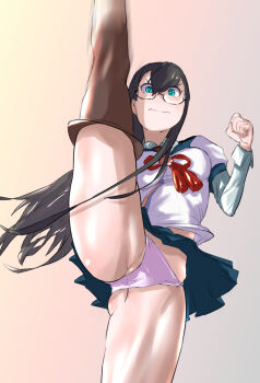 Rule 34 | 1girl, axe kick, black hair, blush, glasses, green eyes, hairband, high kick, kantai collection, kicking, leg up, long hair, looking at viewer, megakura kinshi, ooyodo (kancolle), panties, school uniform, semi-rimless eyewear, serafuku, skirt, solo, split, standing, standing on one leg, standing split, underwear
