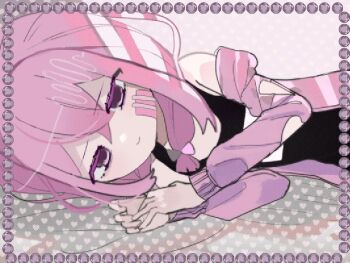 1girl :&gt; bandage_on_face bandages bare_shoulders clothing_cutout colored_skin framed hair_ribbon halcion_(yamikko_troublemaker) heart_cutout hood hoodie lying on_bed on_side open_clothes open_hoodie oyumeno pink_hair purple_eyes ribbon short_twintails swimsuit twintails white_skin yamikko_troublemaker