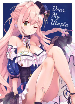 1girl alternate_hairstyle bare_shoulders black_gloves black_ribbon black_shoes blue_background blue_collar blue_flower blue_sleeves blush border bow bracelet braid breasts brown_eyes cleavage closed_mouth collar detached_collar detached_sleeves dot_nose dress earrings feet floating_hair flower glint gloves glyn070605a hair_bow hair_ribbon hat highres idolmaster idolmaster_cinderella_girls idolmaster_cinderella_girls_starlight_stage jewelry knees_together_feet_apart knees_up large_breasts lifting_own_clothes long_hair looking_at_viewer mini_hat neck_ribbon one_eye_closed outside_border pink_hair pink_ribbon ribbon saionji_kotoka shoes single_braid sitting smile solo strapless strapless_dress two-tone_dress white_border