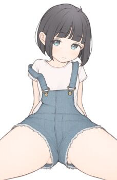 1girl 1ssakawaguchi absurdres ahoge arm_support black_hair blue_eyes blue_overalls blunt_bangs blunt_ends blush bob_cut breasts closed_mouth cutoffs denim expressionless feet_out_of_frame gluteal_fold head_tilt highres ichika_(1ssakawaguchi) leaning_back looking_at_viewer loose_hair_strand original overall_shorts overalls raised_eyebrows shirt short_hair short_shorts short_sleeves shorts simple_background sitting small_breasts solo spread_legs straight-on strap_slip t-shirt thighs white_background white_shirt