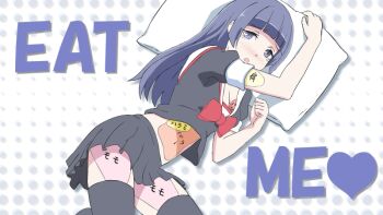 1girl blue_eyes blue_hair blush breasts cleavage henkei_shoujo itsuki_(henkei_shoujo) long_hair looking_at_viewer lying medium_breasts official_art open_mouth pillow pleated_skirt school_uniform serafuku skirt solo stomach thighs