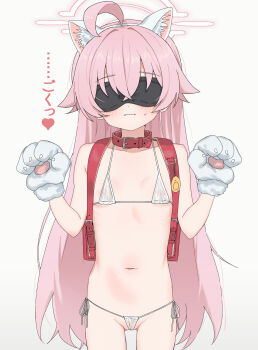 1girl ahoge animal_ears animal_hands aog backpack bag bikini blindfold blue_archive cat_ears collar fake_animal_ears flat_chest gloves halo highres hoshino_(blue_archive) loli long_hair micro_bikini navel paw_gloves pink_hair randoseru solo swimsuit variant_set white_bikini
