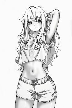 1girl :< absurdres arm_behind_back arm_up armpits breasts chinese_commentary closed_mouth collarbone commentary cowboy_shot crop_top cropped_shirt dolphin_shorts dot_nose drawstring greyscale hair_flaps hair_lift highres kusanagi_nene long_hair looking_at_viewer low-tied_sidelocks midriff monochrome navel project_sekai shirt short_shorts short_sleeves shorts sidelocks simple_background small_breasts solo straight-on tied_drawstring yuhuitangling67485