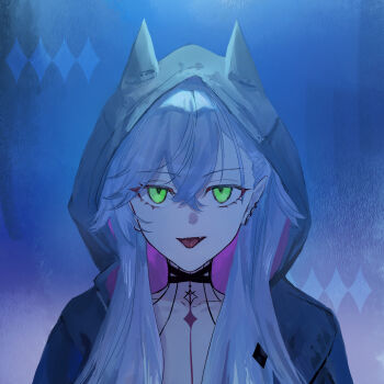 1girl commentary_request earrings fate/grand_order fate_(series) green_eyes highres hood hoodie jewelry lilith_(fate) lilith_(first_ascension)_(fate) neck_tattoo necklace sitonomea solo tattoo tongue tongue_out twintails upper_body white_hair