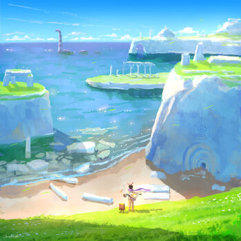 Rule 34 | 1other, ambiguous gender, antlers, beach, black hair, blue sky, brown pants, cliff, cloud, commentary request, day, facing away, from behind, highres, horizon, horns, katou oswaldo, landscape, meadow, ocean, original, outdoors, pants, purple scarf, ruins, scarf, scenery, shadow, shore, short hair, sky, standing, summer, wide shot