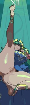 1girl anus arm_wrap barefoot blush breasts commentary crossed_legs dolekat dress english_commentary feet fire_emblem fire_emblem:_fortune&#039;s_weave green_eyes green_hair green_nails hair_ornament headpiece highres intelligent_systems leg_up long_hair long_image looking_at_viewer medium_breasts nintendo parted_lips pelvic_curtain pointy_ears presenting purple_dress pussy ribbon roman_numeral sharp_toenails sitting sitting_on_throne smile soles solo sothis_(adult)_(fire_emblem) sothis_(fire_emblem) tassel tassel_hair_ornament throne tiara toe_scrunch toenails