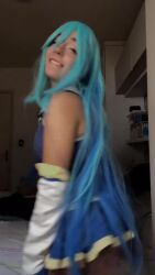 1girl animated aqua_(konosuba) aqua_(konosuba)_(cosplay) ass audible_music bare_shoulders blue_hair boots brazilian_(nationality) cosplay female_focus high_heel_boots high_heels indoors interior kono_subarashii_sekai_ni_shukufuku_wo! long_hair looking_at_another looking_at_viewer lowres music nerokosplayer photo_(medium) real_life skirt solo sound tagme teeth thighhighs video white_thighhighs