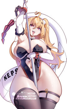 1girl ahoge arm_up armpit_peek artist_name between_thighs black_bow black_bowtie black_leotard black_thighhighs blonde_hair blush bow bowtie breasts cissia_(zenless_zone_zero) clothing_cutout collar commentary cuffs detached_collar elbow_gloves english_commentary fangs gloves hair_between_eyes hair_ornament hairclip handcuffs highres holding holding_pole hot_vr large_breasts legwear_garter leotard long_hair looking_at_viewer mixed-language_commentary navel navel_cutout one_side_up open_mouth patreon_username pink_eyes pixiv_username pole simple_background single_legwear_garter smile solo stomach stripper_pole subscribestar_username teeth thigh_strap thighhighs thighs tongue tongue_out upper_teeth_only white_background white_collar white_gloves white_tail zenless_zone_zero