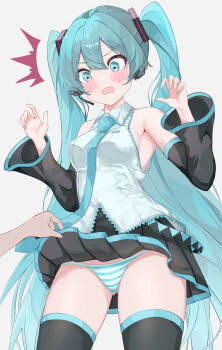 1girl 1other ^^^ absurdres aqua_eyes aqua_hair aqua_necktie aqua_panties aqua_trim bare_shoulders black_skirt black_sleeves black_thighhighs blush breasts clothes_lift commentary_request commission cowboy_shot d: detached_sleeves double-parted_bangs eikawa_suru flustered hair_between_eyes hair_intakes hatsune_miku headset highres lace lace-trimmed_shirt lace_trim lifting_another's_clothes long_hair necktie open_mouth panties partial_commentary pixiv_commission pleated_skirt sexual_harassment shirt simple_background skirt skirt_flip skirt_lift sleeveless sleeveless_shirt small_breasts solo_focus striped_clothes striped_panties thighhighs tie_clip twintails underwear upskirt v-shaped_eyebrows very_long_hair vocaloid w_arms white_background white_panties white_shirt wide-eyed
