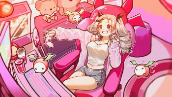 +++ 1girl absurdres bare_legs blush breasts brown_hair camisole can cardcaptor_sakura chair collarbone commentary computer_keyboard computer_mouse controller crossed_legs cup dolphin_shorts drill_hair drink_can drinking_glass english_commentary fuuin_no_tsue game_controller gaming_chair grey_shorts grin hair_ornament headphones headphones_around_neck heterochromia highres holding holding_controller holding_game_controller indoors jacket kghazir large_breasts liliana_vampaia long_sleeves midriff monitor myholo_tv navel open_clothes open_jacket orange_eyes red_eyes shorts sitting sleeves_past_wrists smile solo stuffed_toy swivel_chair twin_drills twintails virtual_youtuber white_camisole white_jacket wing_hair_ornament