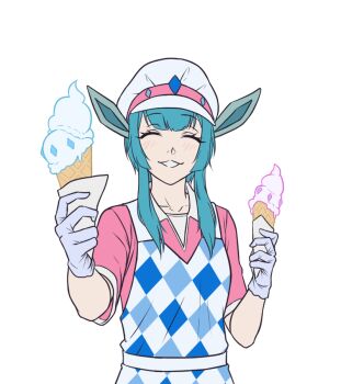 Rule 34 | 1girl, animal ears, apron, blue apron, blue hair, checkered apron, checkered clothes, closed eyes, commentary, english commentary, food, gen 4 pokemon, glaceon, gloves, grey gloves, grin, holding, holding food, holding ice cream, holding ice cream cone, ice cream, ice cream cone, kirby otaku, nintendo, personification, pink shirt, pokemon, shirt, short hair with long locks, short sleeves, sidelocks, simple background, smile, solo, transparent background, upper body, white apron