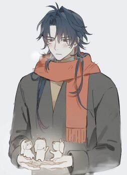 1boy 3others absurdres black_coat black_hair blade_(honkai:_star_rail) blush closed_mouth coat earrings firefly_(honkai:_star_rail) grey_background hashtag-only_commentary highres honkai:_star_rail honkai_(series) jewelry kafka_(honkai:_star_rail) long_hair long_sleeves looking_down male_focus muhan012 multiple_others parted_hair piercing red_eyes red_scarf scarf silver_wolf_(honkai:_star_rail) simple_background solo_focus stud_earrings upper_body